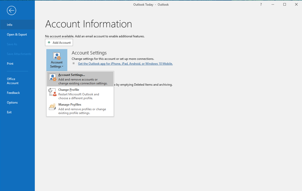 access account settings for outlook 2016